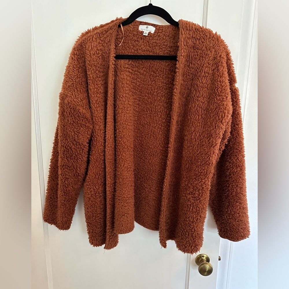 Socialite Cozy High Pile fleece cardigan jacket, size small, rust
